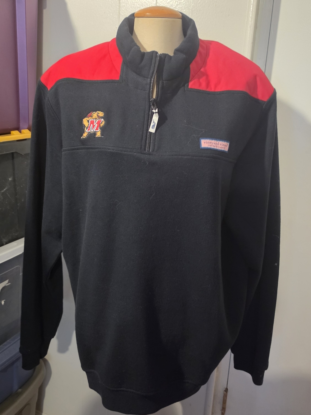 Vineyard Vines Black and Red Quarter-Zip Pullover with Maryland Terrapin Patch